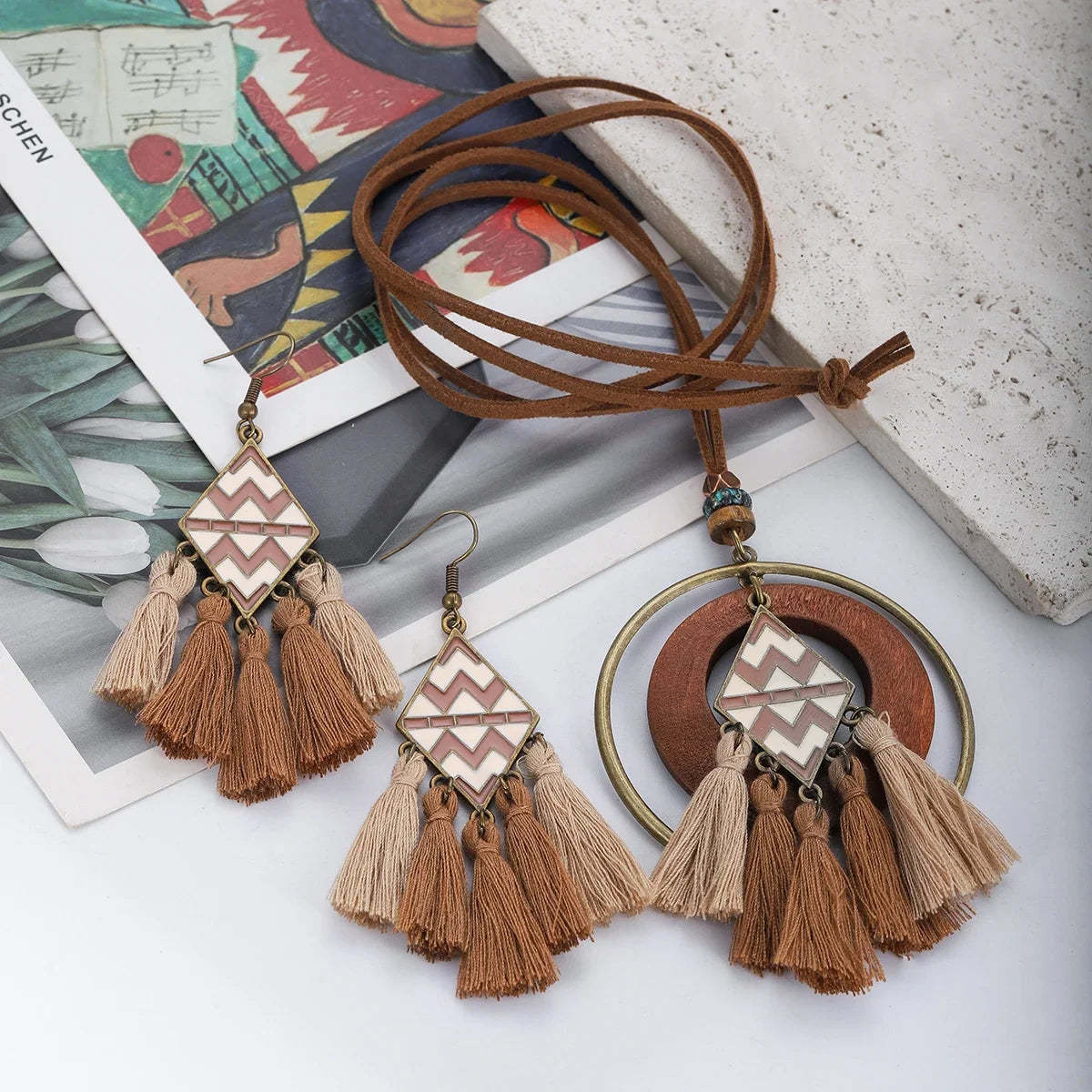 Handmade Wooden Tassle Earrings & Necklace Set