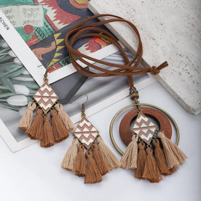 Handmade Wooden Tassle Earrings & Necklace Set