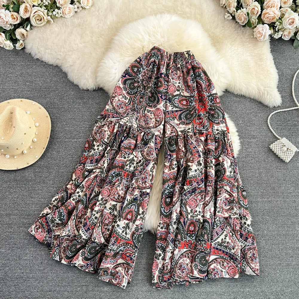 Boho Floral Print Wide Leg Pants