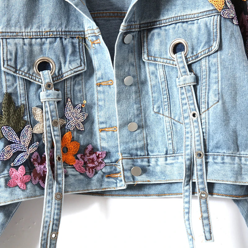 Embroidered Sequin Flower Denim Jacket