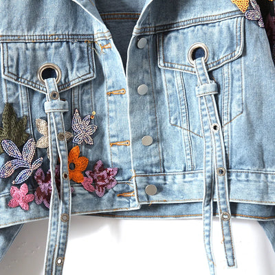 Embroidered Sequin Flower Denim Jacket